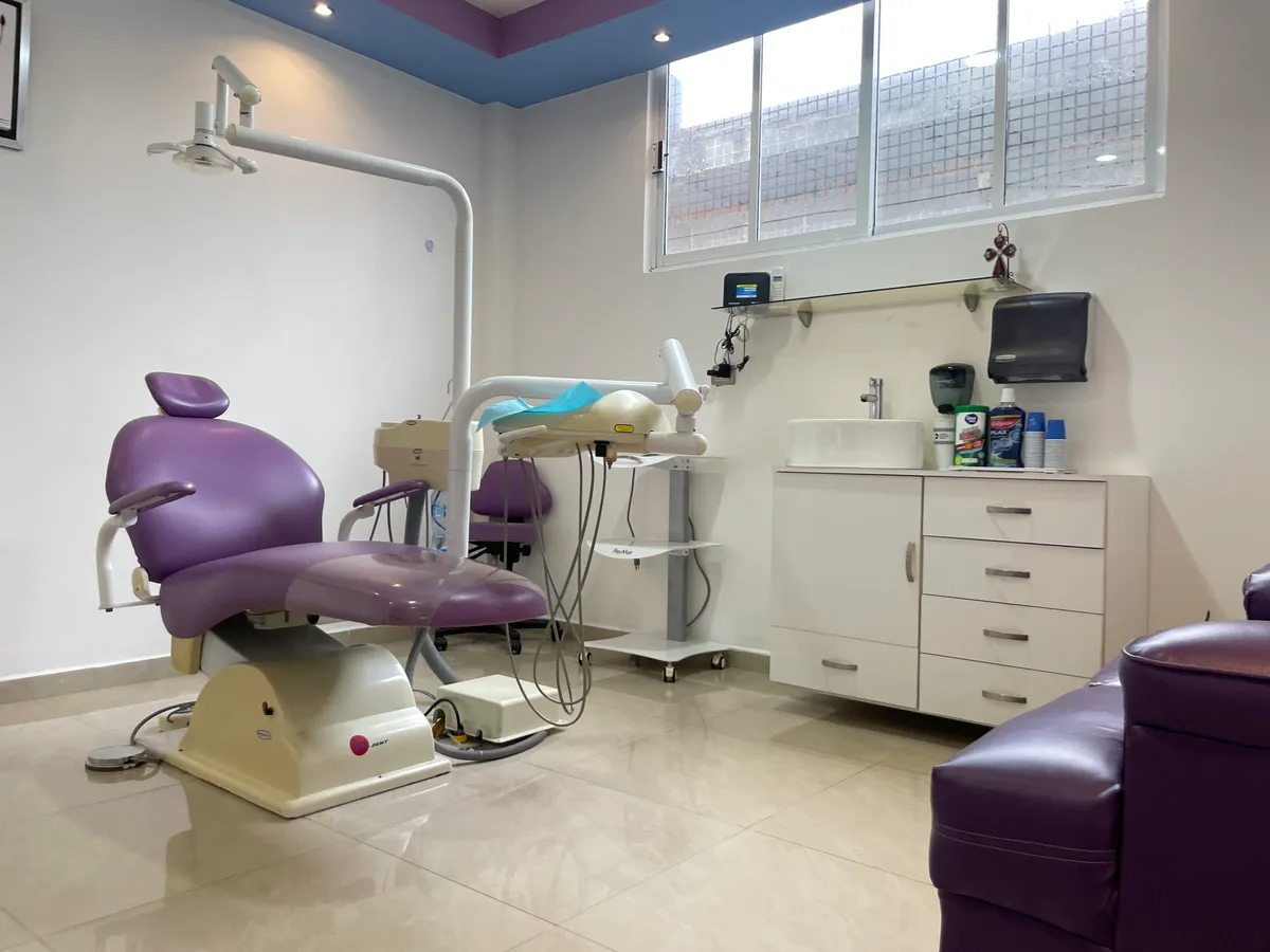 Sala de atención con sillón dental junto a la ventana y mueble de trabajo